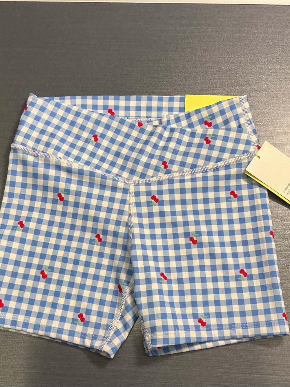 Blue Gingham Cherry Print High-Waist Bike Shorts